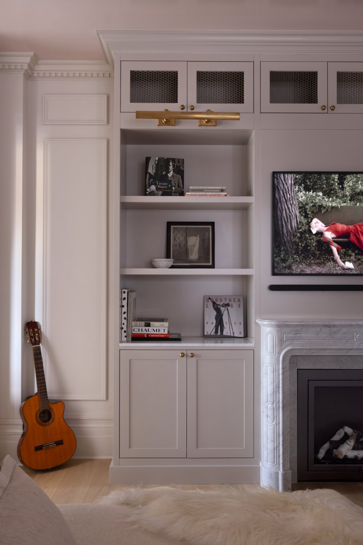 Bookcase and fireplace
