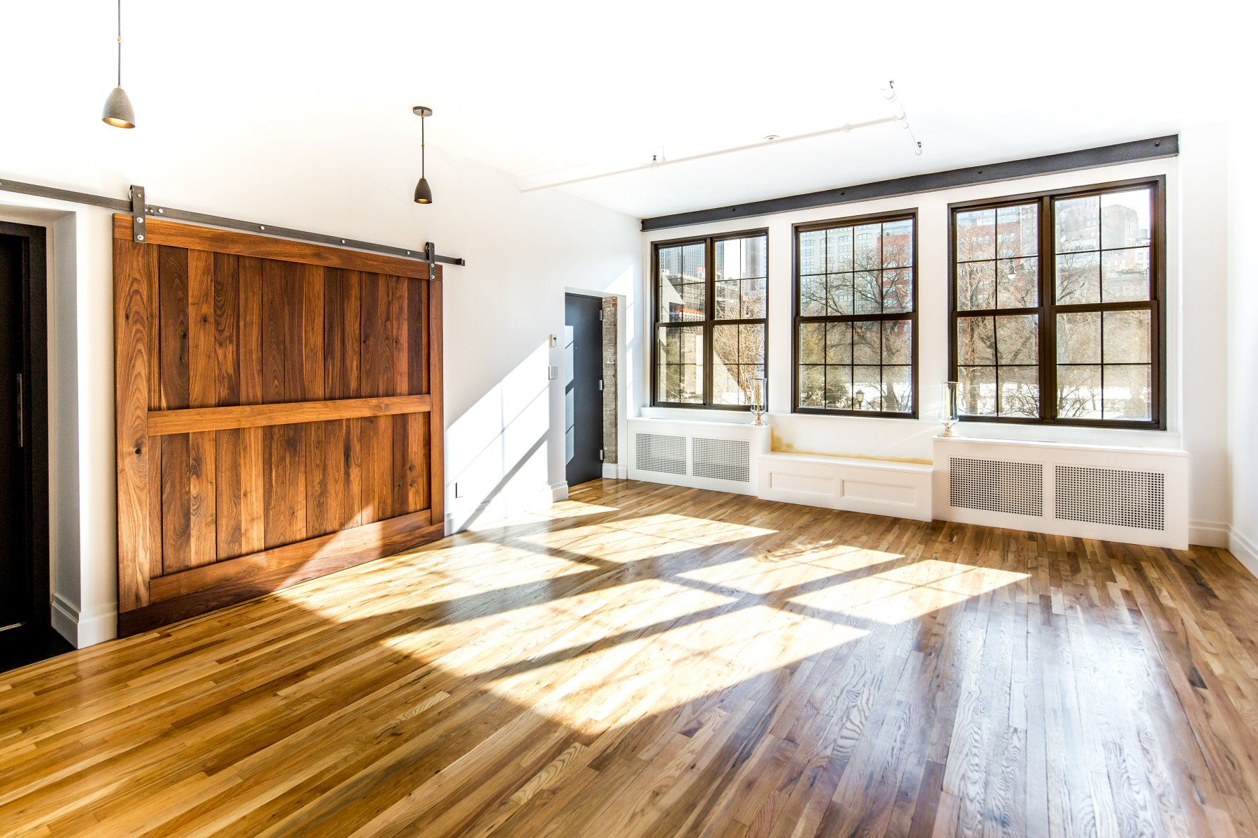 Living room with walnut barn door