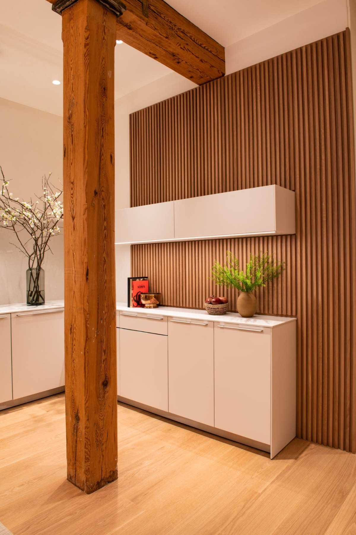 Slatted oak wall