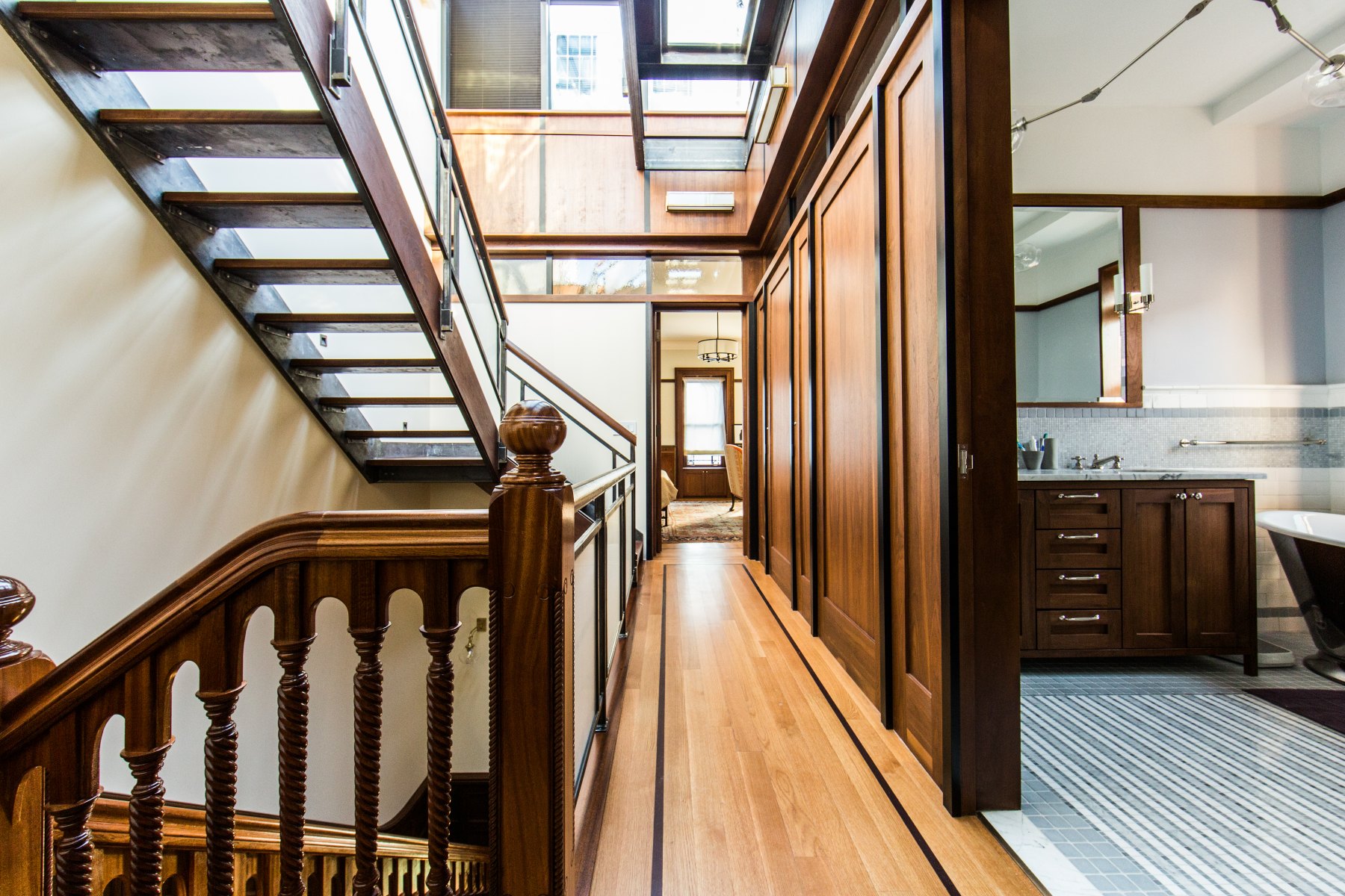 Upper hall, steel stair to the roof
